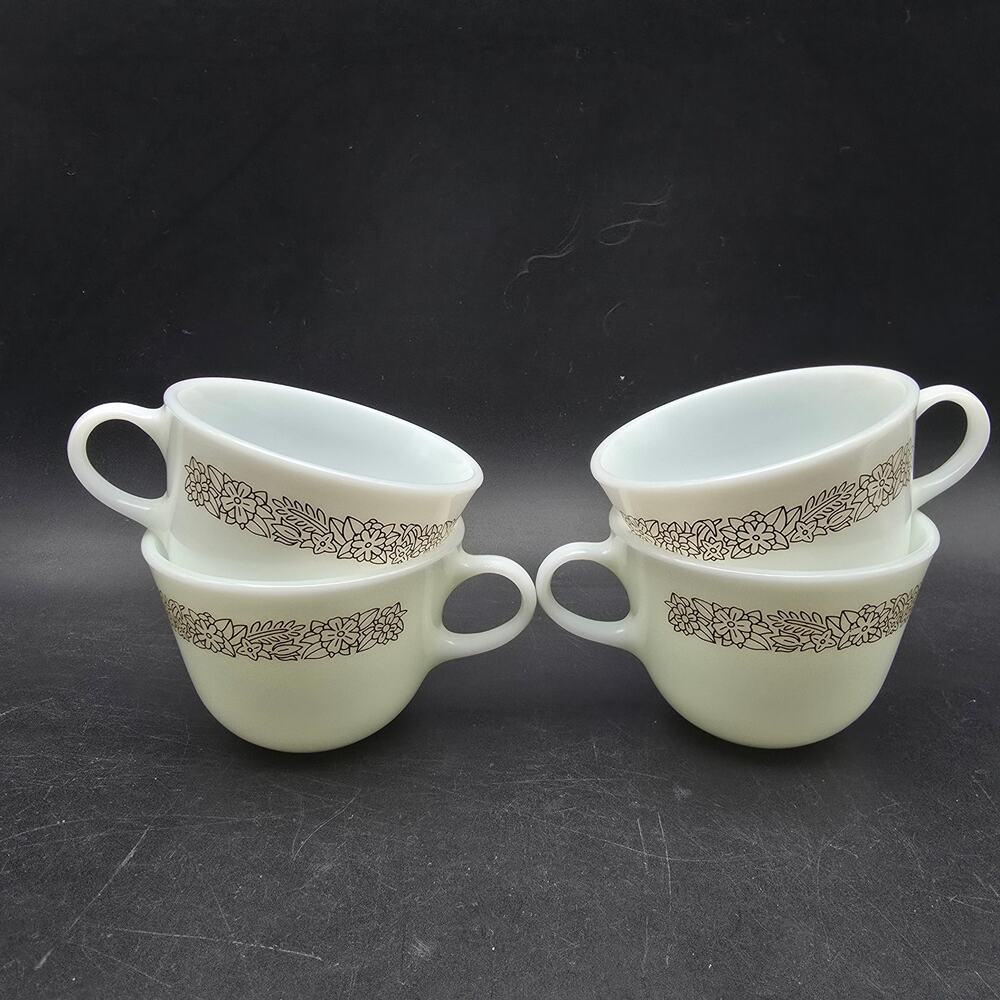 Pyrex Woodland Coffee Mug Round White Milk Glass Brown Floral Vintage